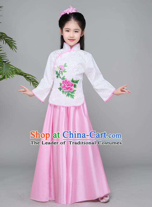 Traditional Chinese Republic of China Children Clothing, China National Embroidered White Cheongsam Blouse and Skirt for Kids