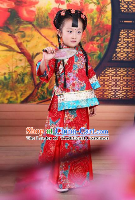 Ancient Chinese Qing Dynasty Children Costume, China Traditional Xiuhe Suit Red Dress Embroidered Clothing for Kids