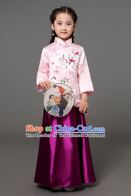 Traditional Chinese Republic of China Children Clothing, China National Embroidered Pink Cheongsam Blouse and Purple Skirt for Kids