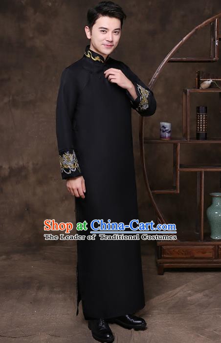 Traditional Chinese Republic of China Wedding Costume Black Long Gown, China National Comic Dialogue Embroidered Clothing for Men