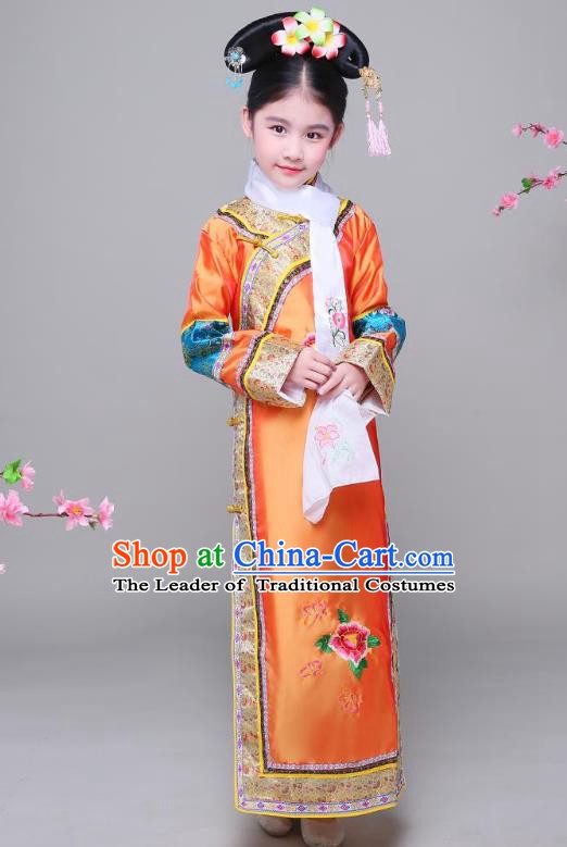 Traditional Ancient Chinese Qing Dynasty Princess Orange Costume, Chinese Manchu Lady Embroidered Clothing for Kids