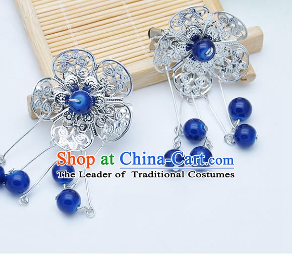 Traditional Chinese Handmade Hair Accessories Hairpins Hanfu Blue Beads Tassel Hair Claw for Kids