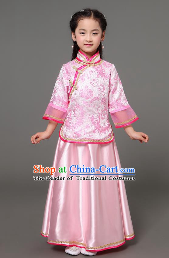 Traditional Chinese Republic of China Children Xiuhe Suit Clothing, China National Embroidered Pink Cheongsam Blouse and Skirt for Kids