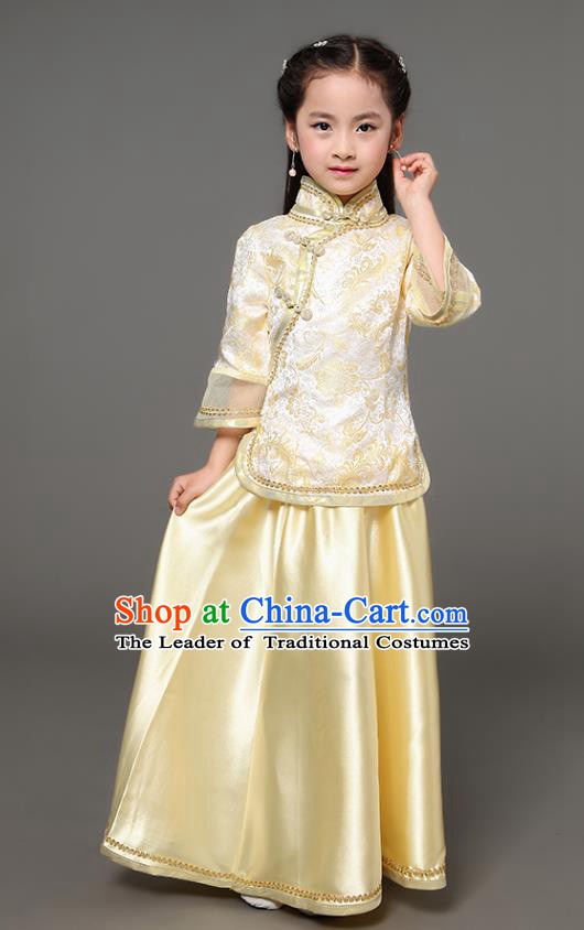 Traditional Chinese Republic of China Children Xiuhe Suit Clothing, China National Embroidered Yellow Cheongsam Blouse and Skirt for Kids
