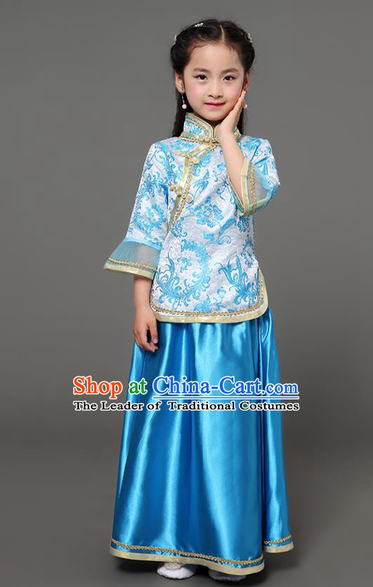 Traditional Chinese Republic of China Children Xiuhe Suit Clothing, China National Embroidered Blue Cheongsam Blouse and Skirt for Kids