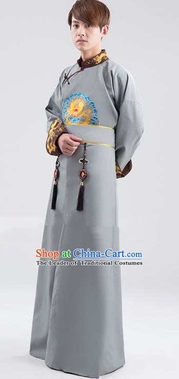 Traditional Ancient Chinese Qing Dynasty Prince Costume, China Manchu Nobility Childe Grey Embroidered Robe Clothing for Men