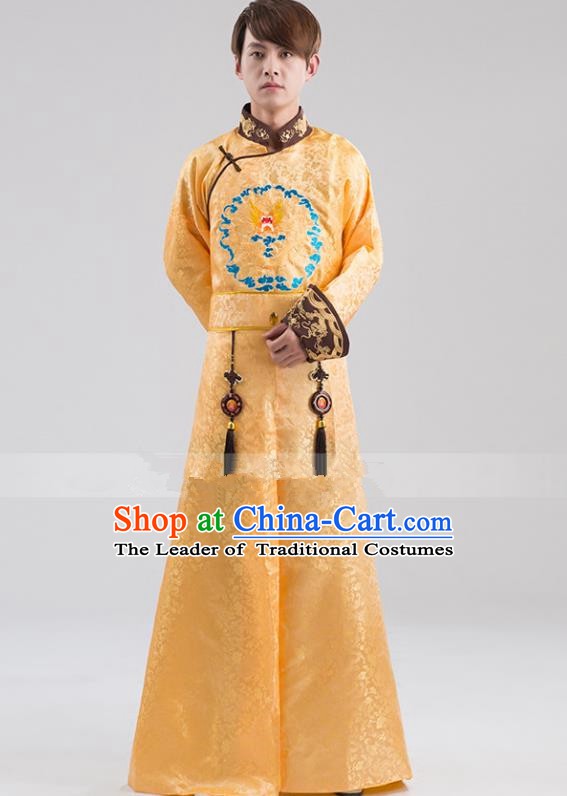 Traditional Ancient Chinese Qing Dynasty Prince Costume, China Manchu Nobility Childe Yellow Embroidered Robe Clothing for Men