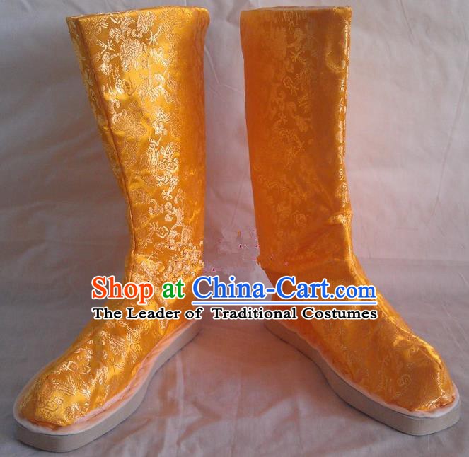 Asian Chinese Traditional Shoes Embroidered Yellow Shoes, China Ancient Hanfu Shoes Embroidered Satin Shoes