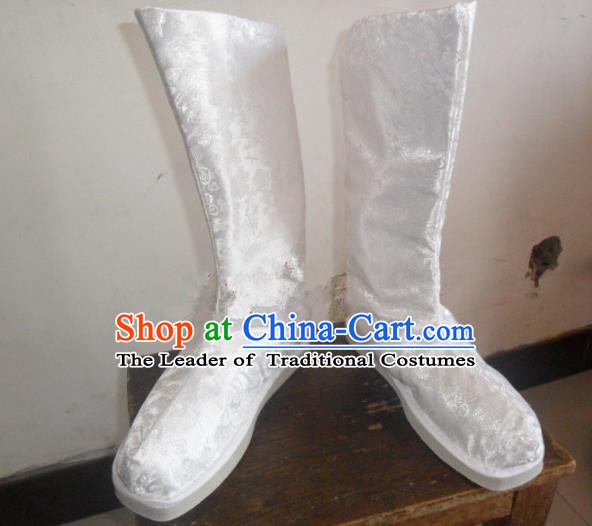 Asian Chinese Traditional Shoes Embroidered White Shoes, China Ancient Hanfu Shoes Embroidered Satin Shoes