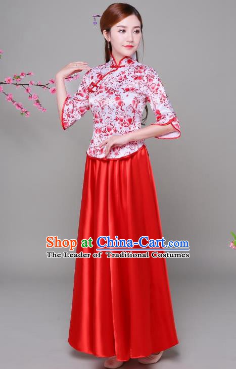Traditional Chinese Republic of China Children Xiuhe Suit Clothing, China National Embroidered Red Blouse and Skirt for Women