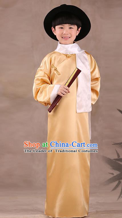 Traditional Chinese Republic of China Costume Children Yellow Long Gown, China National Comic Dialogue Clothing for Kids
