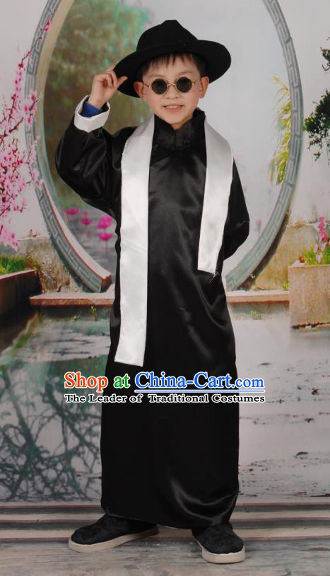 Traditional Chinese Republic of China Costume Children Black Long Gown, China National Comic Dialogue Clothing for Kids