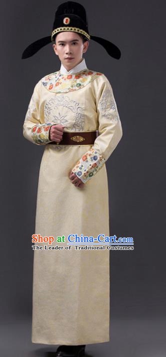 Traditional Chinese Tang Dynasty Prince Costume, China Ancient Minister Yellow Embroidered Robe Clothing for Men