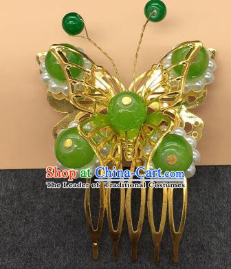 Traditional Chinese Handmade Hair Accessories Princess Hairpins Hanfu Green Beads Butterfly Hair Comb for Kids