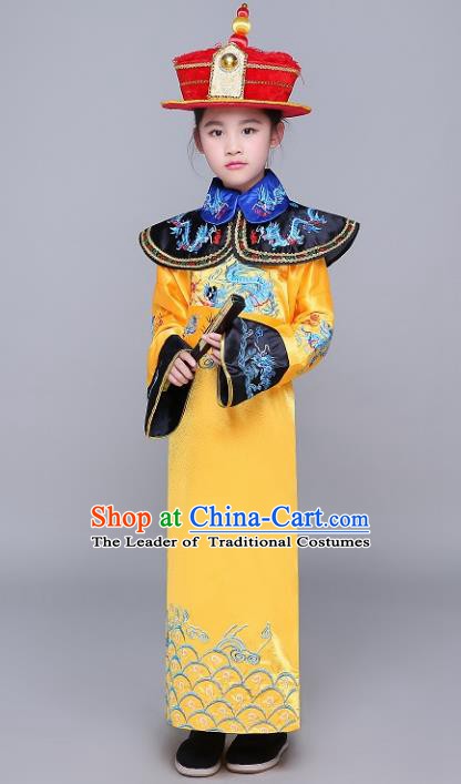 Traditional Ancient Chinese Qing Dynasty Emperor Costume, China Manchu Majesty Mandarin Embroidered Robe Clothing for Kids
