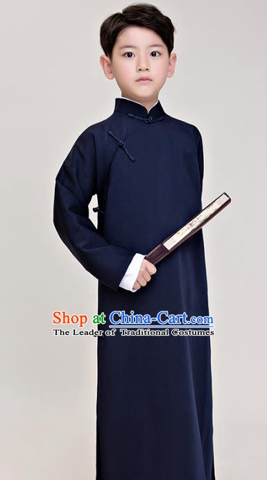 Traditional Chinese Republic of China Costume Navy Long Robe, China National Comic Dialogue Clothing for Kids