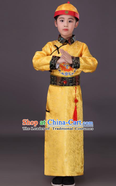 Traditional Chinese Qing Dynasty Children Emperor Costume, China Manchu Prince Yellow Embroidered Dragon Robe for Kids