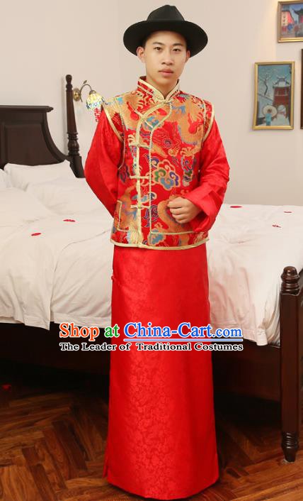 Ancient Chinese Qing Dynasty Wedding Costume China Traditional Bridegroom Embroidered Toast Clothing for Men