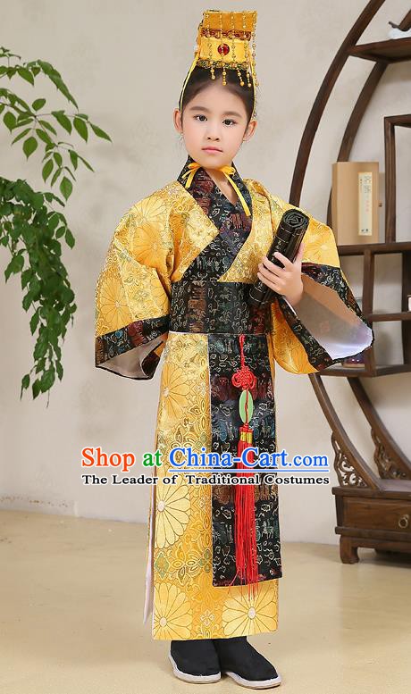 Traditional Chinese Han Dynasty Children Emperor Costume, China Ancient Majesty Hanfu Yellow Embroidered Robe for Kids