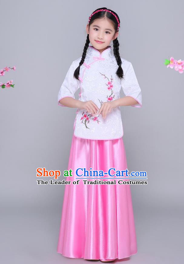 Traditional Chinese Republic of China Children Clothing, China National Embroidered Wintersweet White Blouse and Skirt for Kids