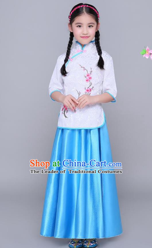 Traditional Chinese Republic of China Children Clothing, China National Embroidered Wintersweet White Blouse and Blue Skirt for Kids