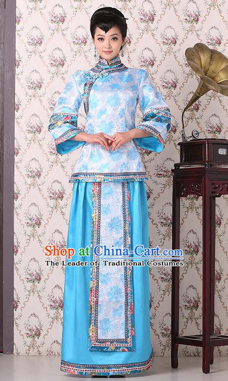 Traditional China Qing Dynasty Nobility Dowager Costume, Chinese Ancient Gentlewoman Embroidery Blue Xiuhe Suit Clothing