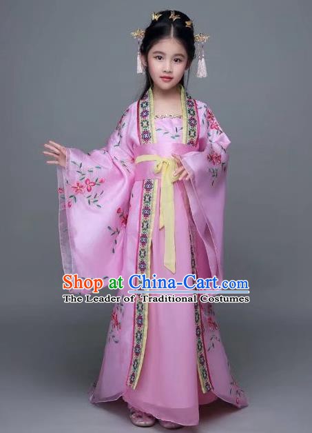Traditional Chinese Tang Dynasty Palace Lady Pink Costume, China Ancient Imperial Concubine Hanfu Trailing Dress for Kids