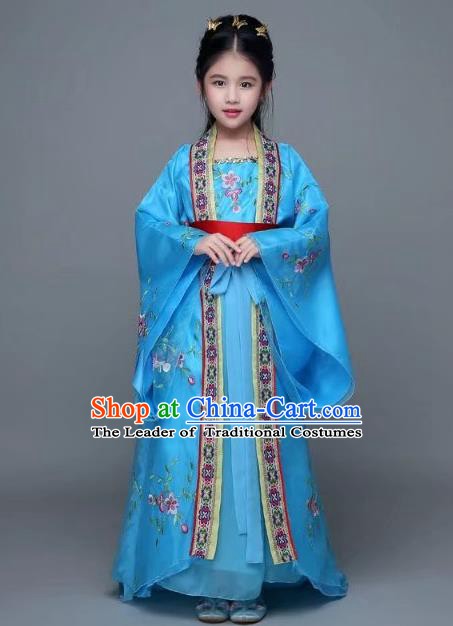 Traditional Chinese Tang Dynasty Palace Lady Blue Costume, China Ancient Imperial Concubine Hanfu Trailing Dress for Kids