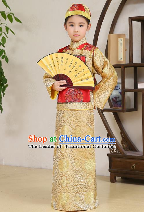 Traditional Chinese Qing Dynasty Nobility Childe Costume, China Manchu Prince Embroidered Clothing for Kids