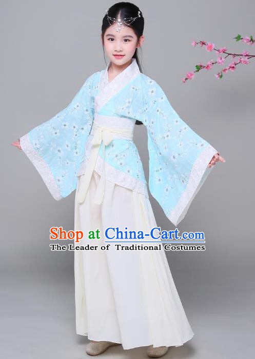Traditional Chinese Han Dynasty Children Costume, China Ancient Princess Hanfu Blue Curving-front Robe for Kids