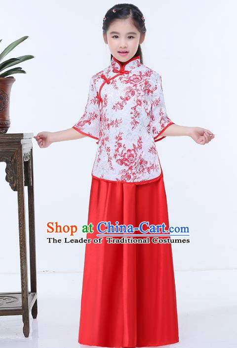 Traditional Chinese Republic of China Children Clothing, China National Embroidered Red Blouse and Skirt for Kids