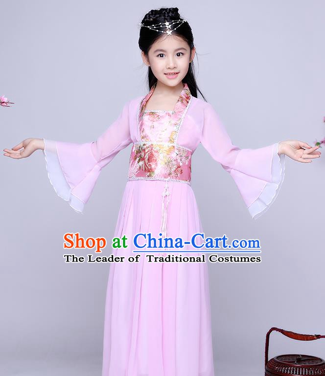 Traditional Chinese Tang Dynasty Seven Fairy Costume Ancient Princess Pink Dress Clothing for Kids