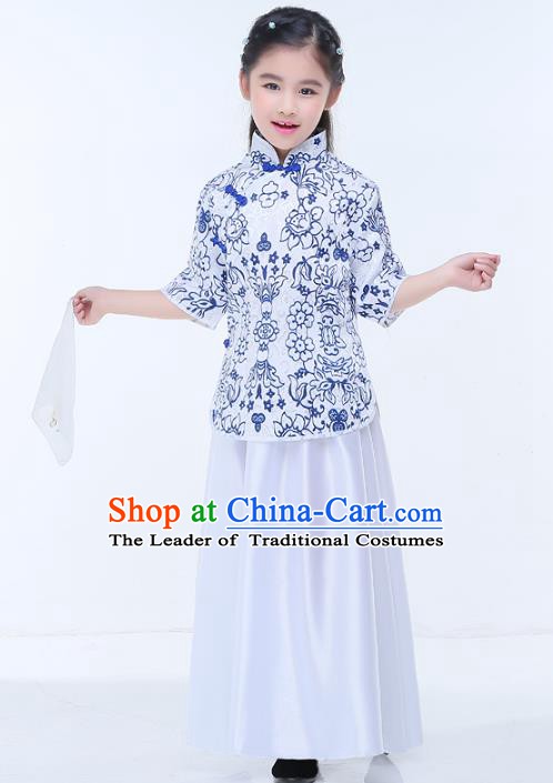 Traditional Chinese Republic of China Children Clothing, China National Embroidered White Blouse and Skirt for Kids