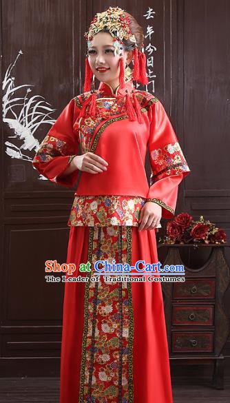 Chinese Traditional Wedding Bride Costume Xiuhe Suits China Ancient Embroidered Toast Clothing for Women