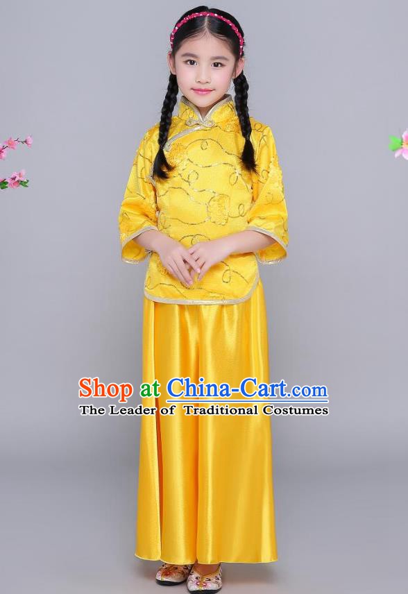 Traditional Chinese Republic of China Nobility Lady Clothing, China National Embroidered Yellow Blouse and Skirt for Kids