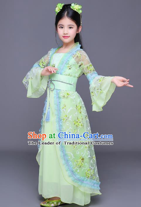 Traditional Chinese Ancient Palace Princess Costume, China Tang Dynasty Palace Lady Hanfu Green Dress for Kids