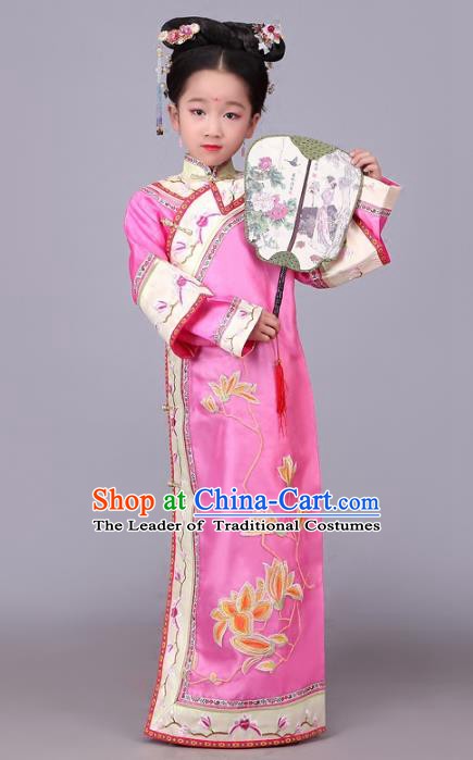 Traditional Chinese Qing Dynasty Princess Costume Pink Embroidered Dress, China Manchu Palace Lady Clothing for Kids
