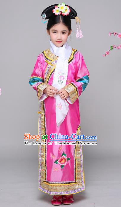 Traditional Chinese Qing Dynasty Children Princess Costume, China Manchu Palace Lady Embroidered Clothing for Kids