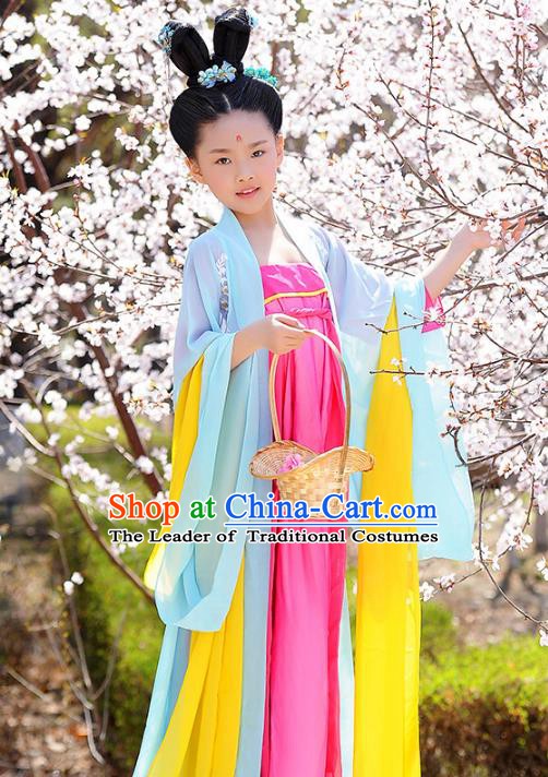 Traditional Chinese Tang Dynasty Royal Princess Costume, China Ancient Palace Lady Hanfu Dress Clothing for Kids