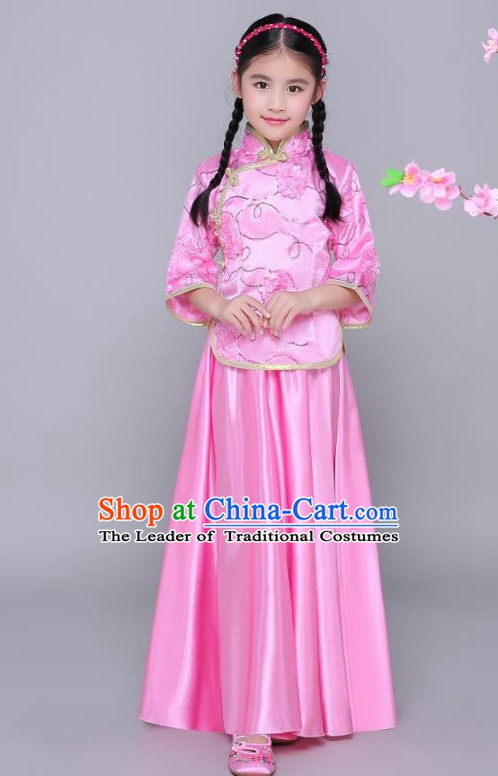 Traditional Chinese Republic of China Nobility Lady Clothing, China National Embroidered Pink Blouse and Skirt for Kids