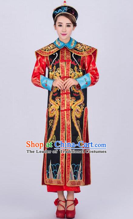 Traditional Ancient Chinese Qing Dynasty Empress Costume, China Manchu Palace Queen Embroidered Black Clothing for Women