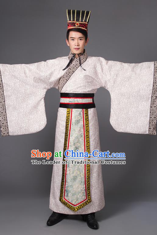 Traditional Chinese Han Dynasty Prime Minister Costume, China Ancient Chancellor Hanfu Embroidered Robe Clothing for Men