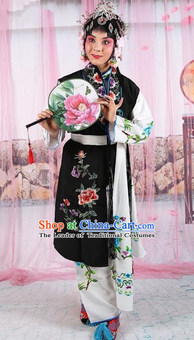 Chinese Beijing Opera Servant Girl Black Embroidered Costume, China Peking Opera Actress Embroidery Clothing