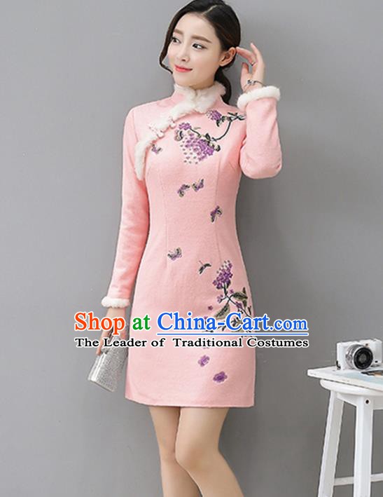 Traditional Chinese National Costume Hanfu Pink Embroidered Qipao Dress, China Tang Suit Cheongsam for Women