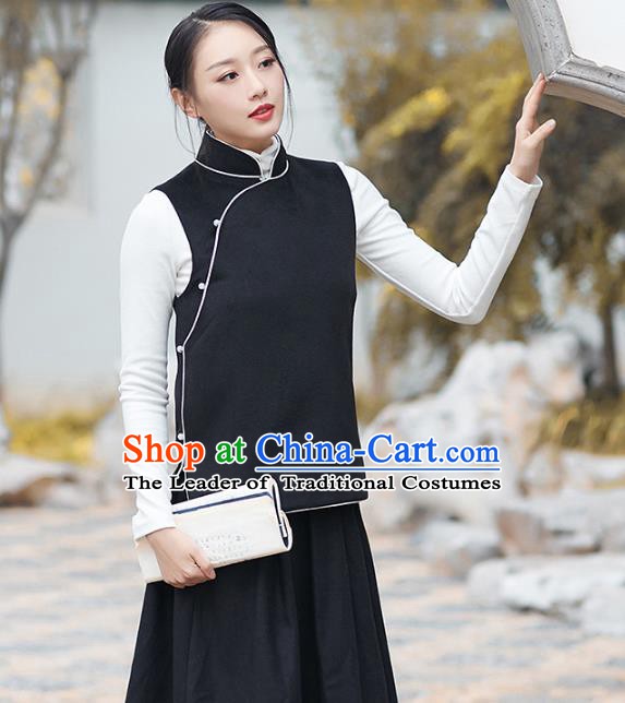 Traditional Chinese National Costume Hanfu Slant Opening Black Wool Vests, China Tang Suit Waistcoat for Women
