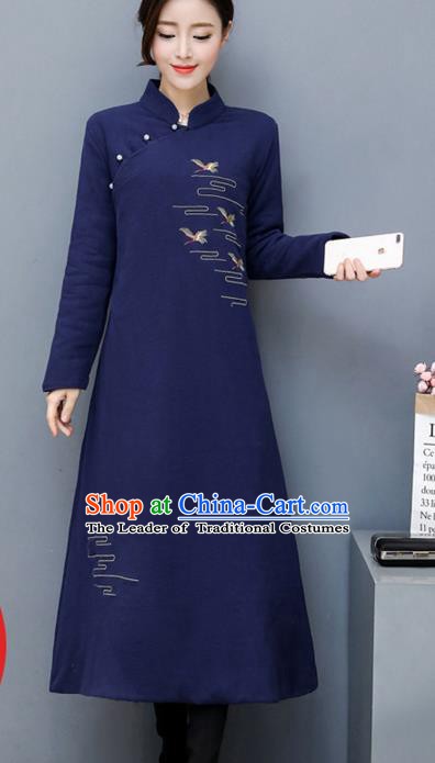 Traditional Chinese National Costume Hanfu Embroidered Navy Qipao, China Tang Suit Cheongsam Dress for Women