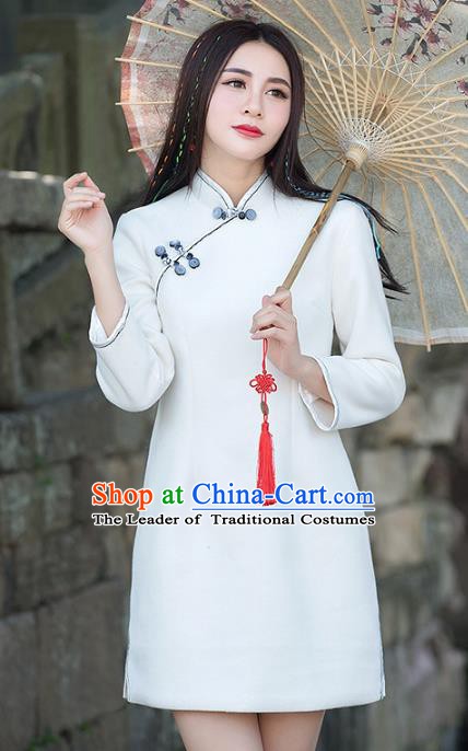 Traditional Chinese National Costume Hanfu Plated Buttons White Qipao, China Tang Suit Cheongsam Dress for Women