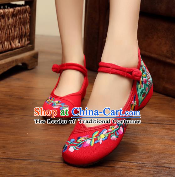 Asian Chinese National Red Canvas Embroidered Shoes, Traditional China Princess Shoes Hanfu Embroidery Shoes for Women