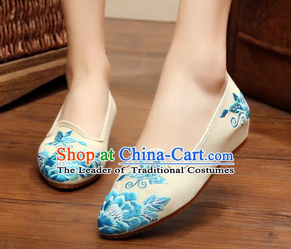 Traditional Chinese National Embroidered Shoes, China Princess Shoes Hanfu Embroidery Peony White Shoes for Women