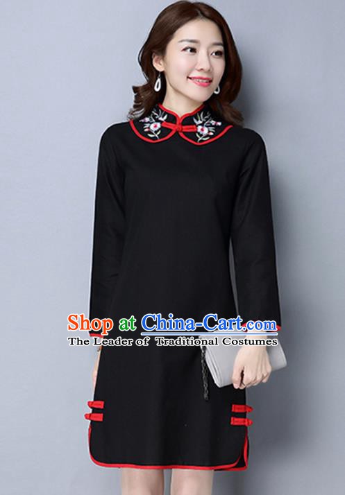 Traditional Chinese National Costume Hanfu Black Embroidered Qipao Dress, China Tang Suit Cheongsam for Women